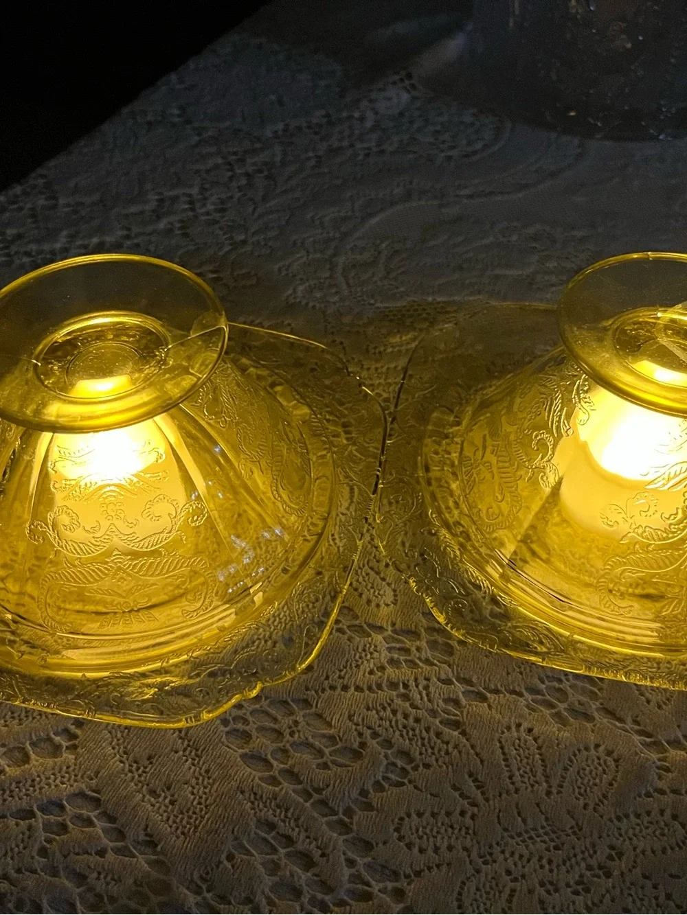Pair Vintage Amber Madrid Depression Glass Fairy Lamps Sherbets & Plates